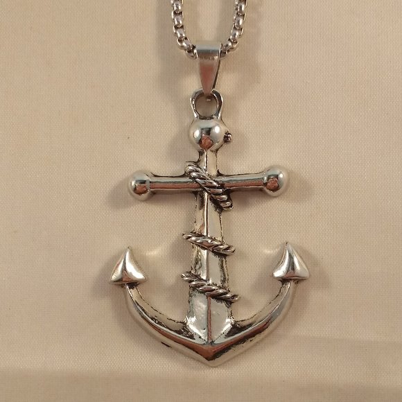 Mens Silver Stainless Steel Boat Anchor Rope Pendant Rolo Chain Necklace Gift - Picture 2 of 6